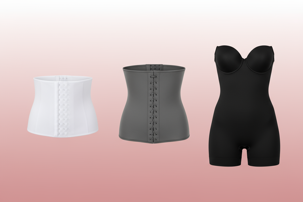 i want the products to be a different shapewear rpoducts like make the far one a full body corset the middle one a belly corset and the first one which is the white one a smaller shapewear product